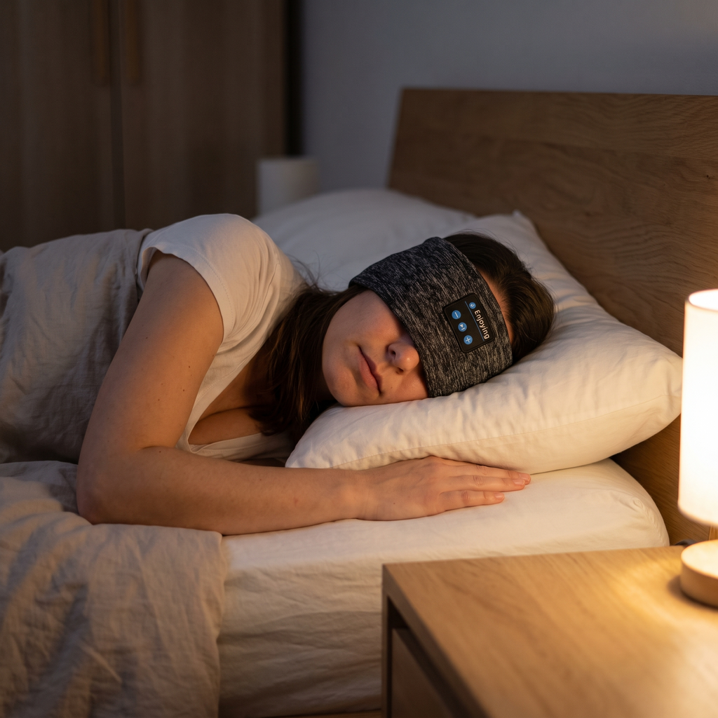 Sleeping on her side wearing the Senovia Sleep Band